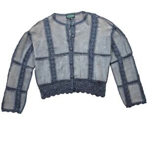 Vintage Overland Jacket Womens 10 Dusty Blue Leather Crochet Patchwork Crop Boho
